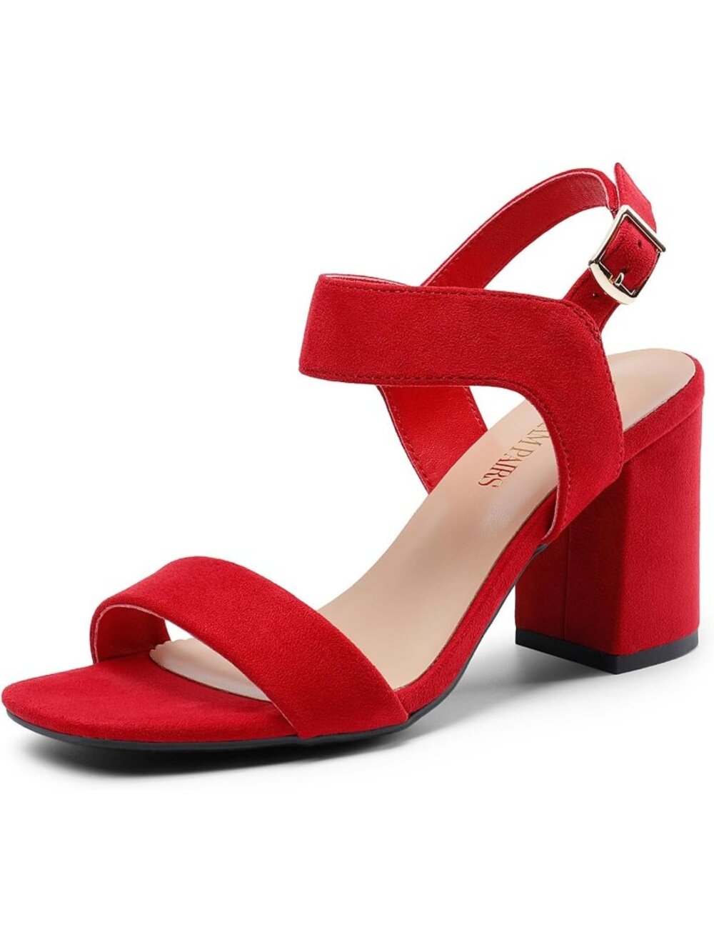 Women's  Red-suede Faux Leather Square Toe Block Ankle Strap Chunky High Heels